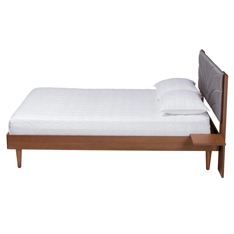 Lit plateforme Hemera Mid-Century Modern en tissu gris et bois de noyer marron avec table de chevet flottante, grand format