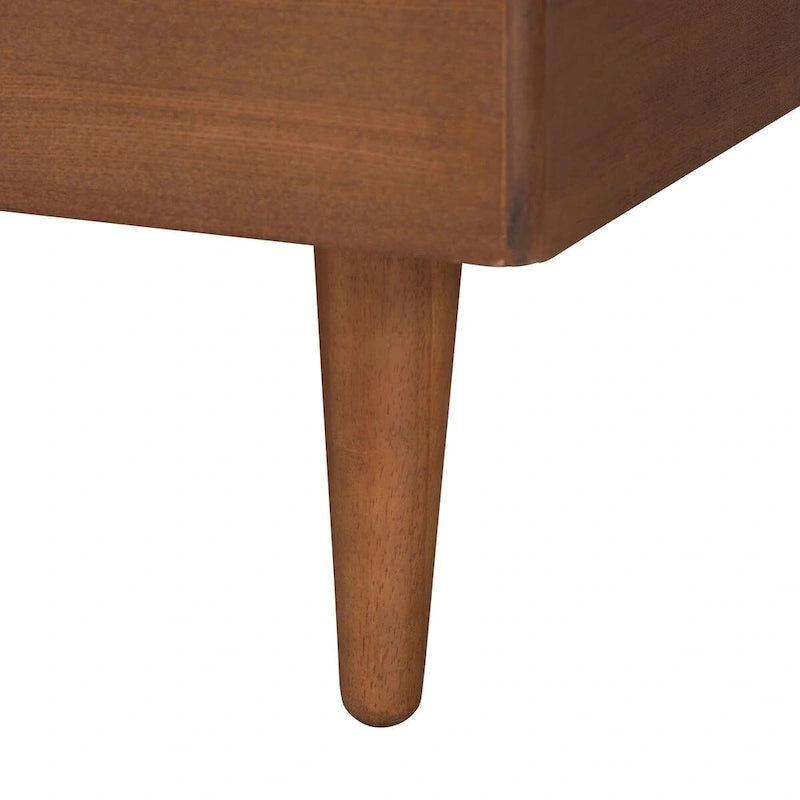 Lit plateforme Hemera Mid-Century Modern en tissu gris et bois de noyer marron avec table de chevet flottante, grand format