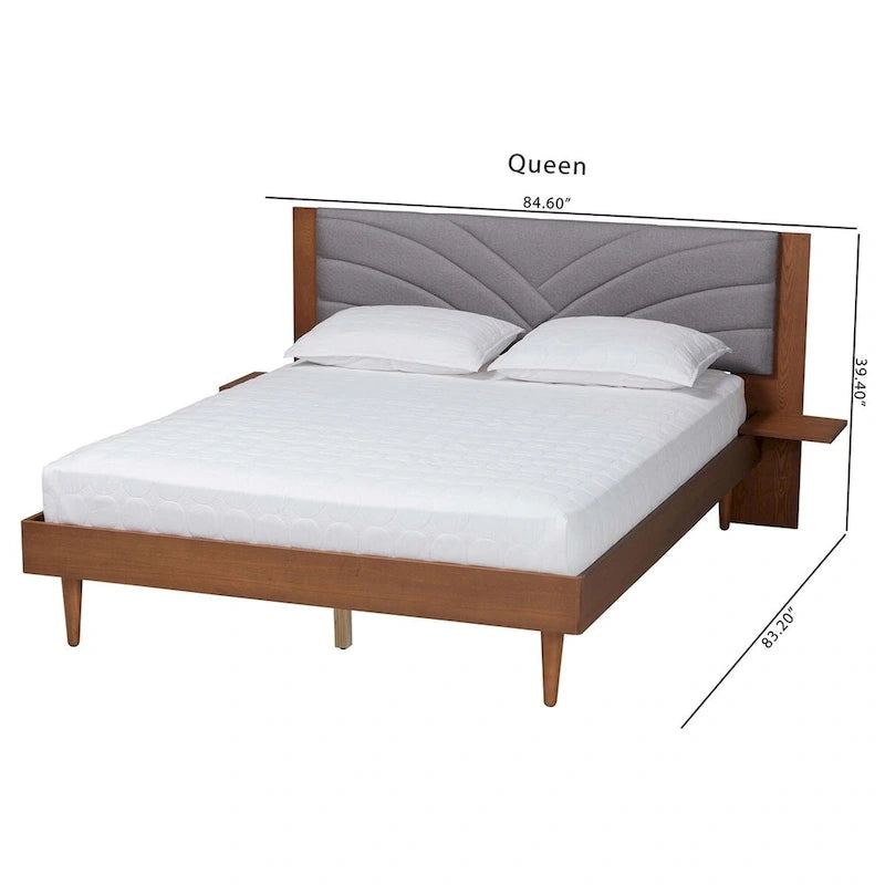 Lit plateforme Hemera Mid-Century Modern en tissu gris et bois de noyer marron avec table de chevet flottante, grand format