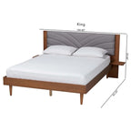Lit plateforme Hemera Mid-Century Modern en tissu gris et bois de noyer marron avec table de chevet flottante, grand format