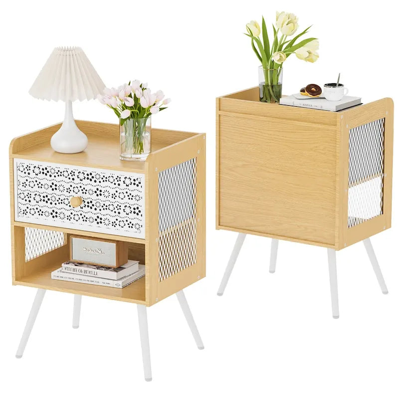 Table de chevet en bois avec pieds en métal, ensemble de 2