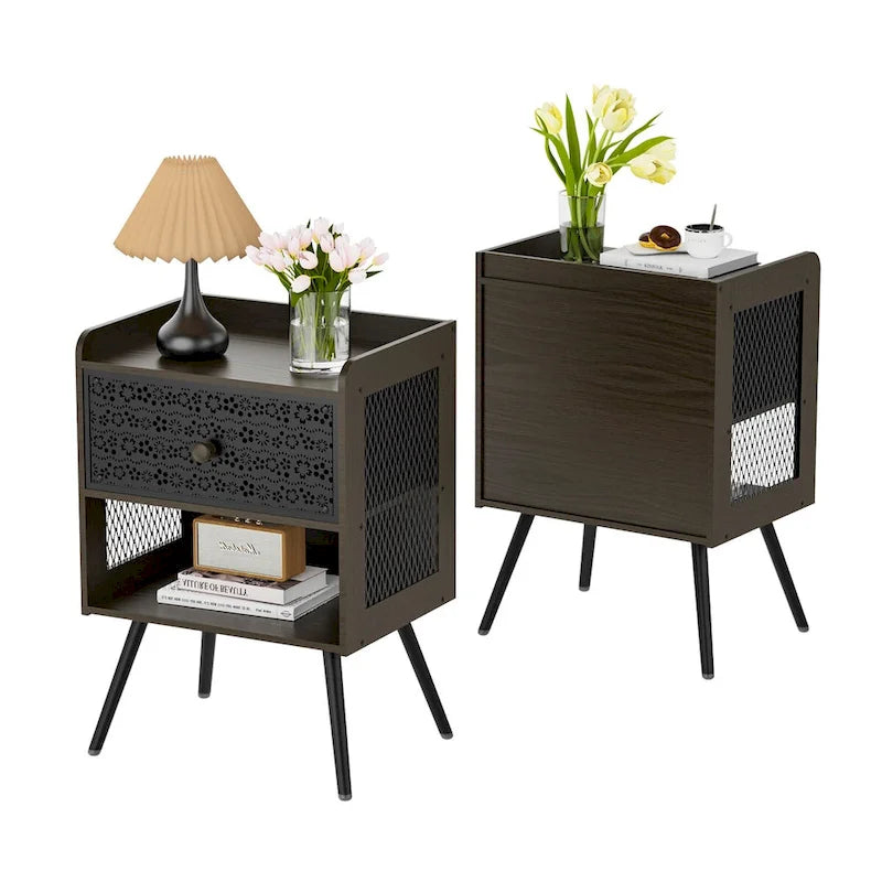 Table de chevet en bois avec pieds en métal, ensemble de 2