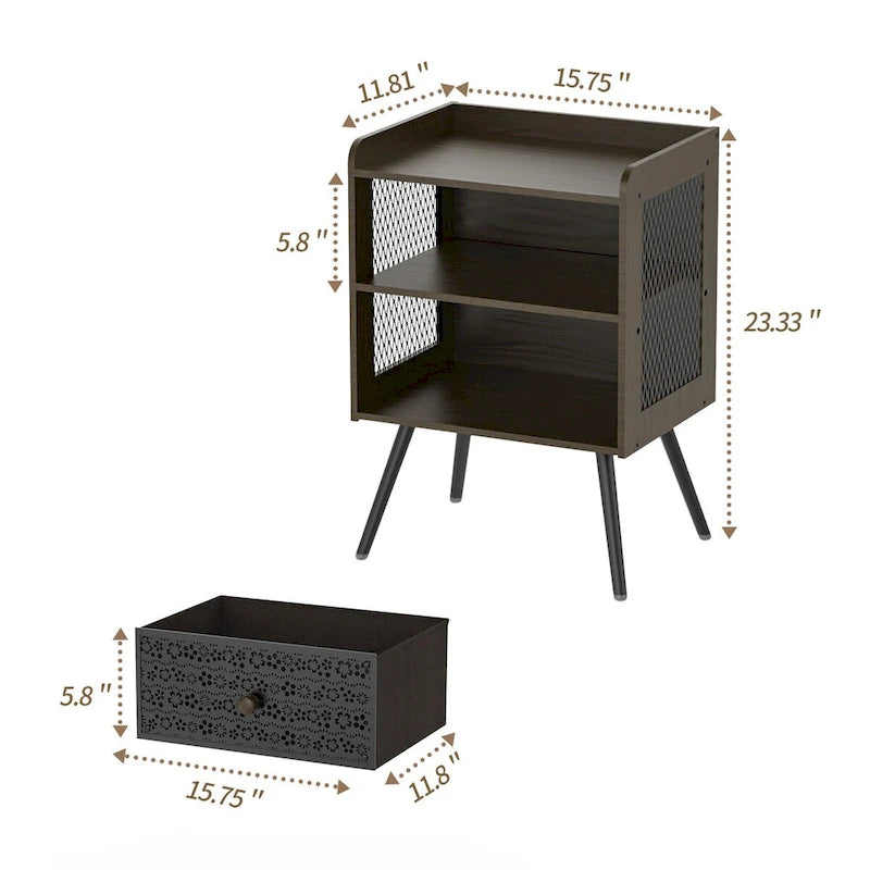 Table de chevet en bois avec pieds en métal, ensemble de 2