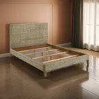 Lit King Size Ayla, Design en Rotin Tressé, Tête de Lit à Panneaux, Acajou Gris