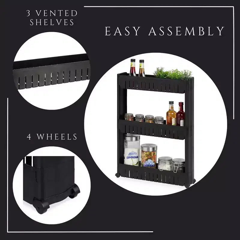 Evideco Chariot roulant fin polyvalent pour la maison - Organisateur de rangement utilitaire à 3 niveaux pour salle de bain, cuisine et dortoir - Disponible en blanc, gris, noir