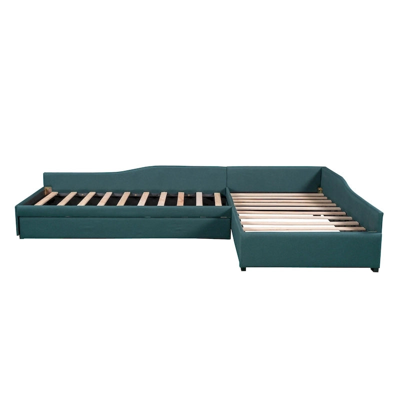 Lit de repos double en tissu avec lit gigogne et tiroir, vert