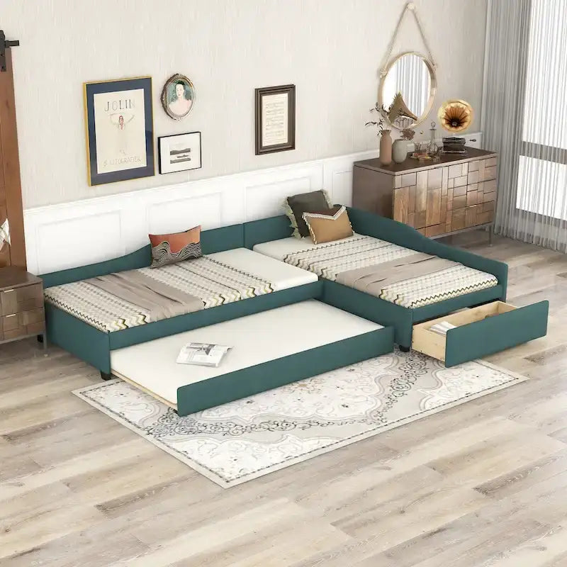 Lit de repos double en tissu avec lit gigogne et tiroir, vert