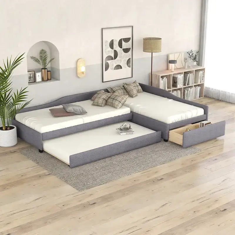 Lit de repos double en tissu avec lit gigogne et tiroir, vert