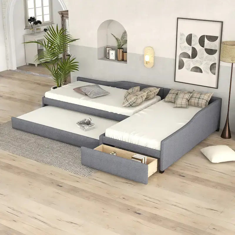 Lit de repos double en tissu avec lit gigogne et tiroir, vert