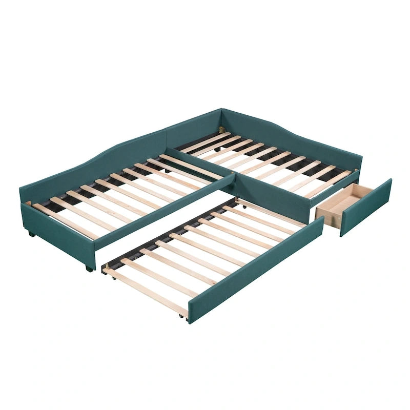 Lit de repos double en tissu avec lit gigogne et tiroir, vert