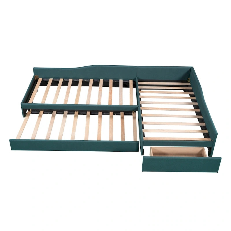 Lit de repos double en tissu avec lit gigogne et tiroir, vert