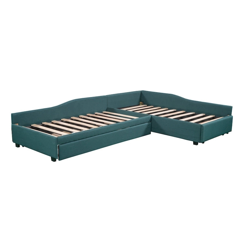 Lit de repos double en tissu avec lit gigogne et tiroir, vert