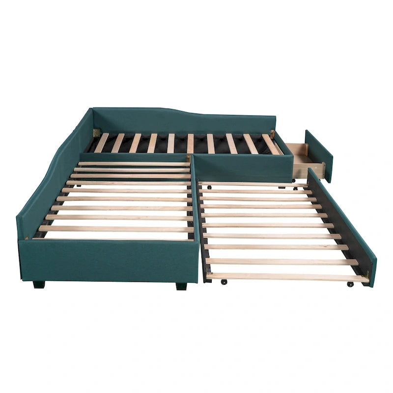 Lit de repos double en tissu avec lit gigogne et tiroir, vert