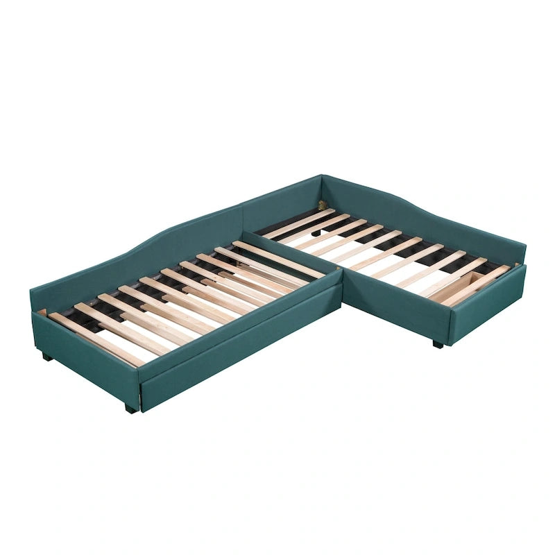 Lit de repos double en tissu avec lit gigogne et tiroir, vert