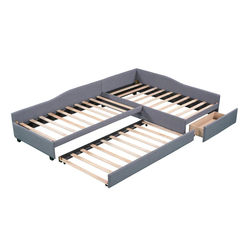 Lit de repos double en tissu avec lit gigogne et tiroir, vert