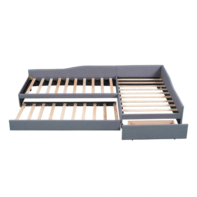 Lit de repos double en tissu avec lit gigogne et tiroir, vert