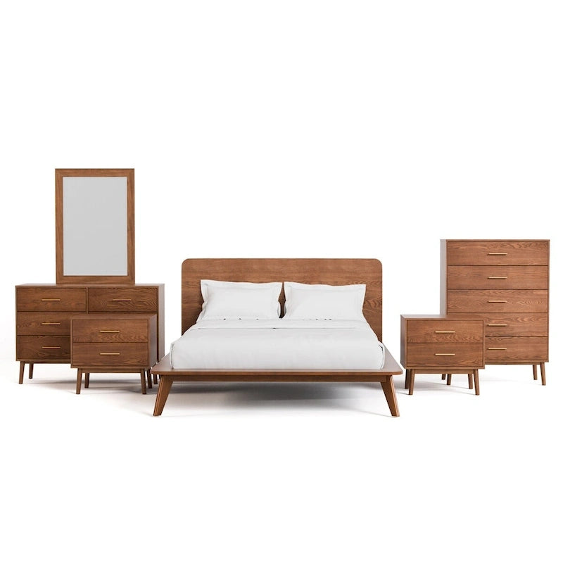 Belle chambre à coucher complète de 6 pièces en noyer à profil bas de style Mid-century (lit queen)