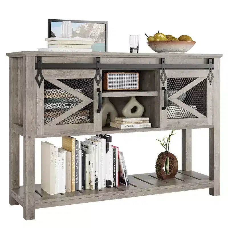 Whizmax Farmhouse Entryway Table with Sliding Barn Doors, Sofa Table with Storage and Open Shelf, Console Tables for Entryway, Hallway