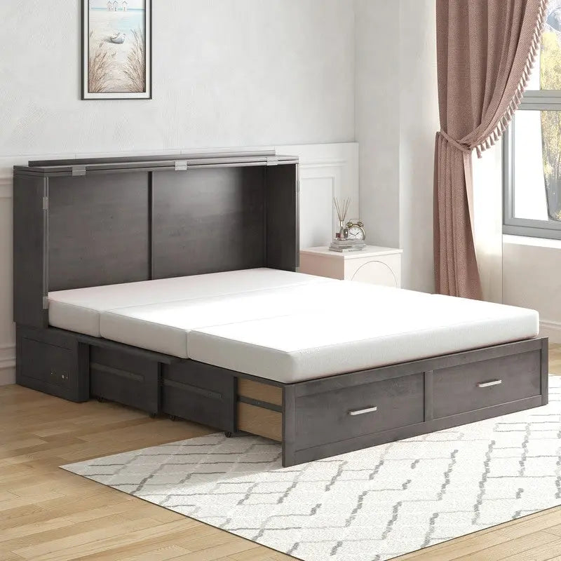 Lit escamotable moderne Mixoy avec matelas, tiroir de rangement, station de recharge