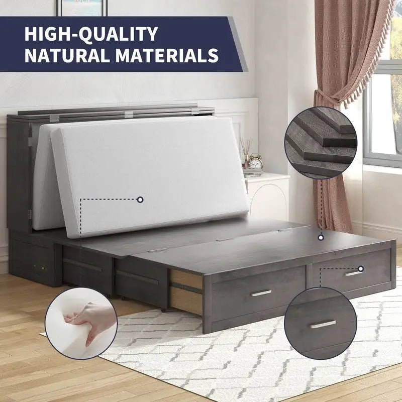 Lit escamotable moderne Mixoy avec matelas, tiroir de rangement, station de recharge