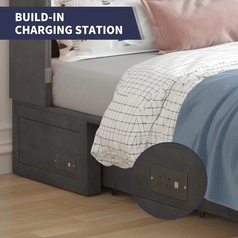 Lit escamotable moderne Mixoy avec matelas, tiroir de rangement, station de recharge