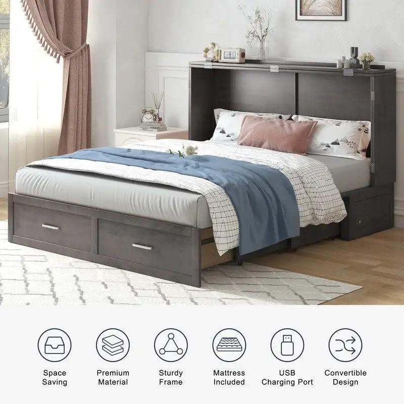 Lit escamotable moderne Mixoy avec matelas, tiroir de rangement, station de recharge