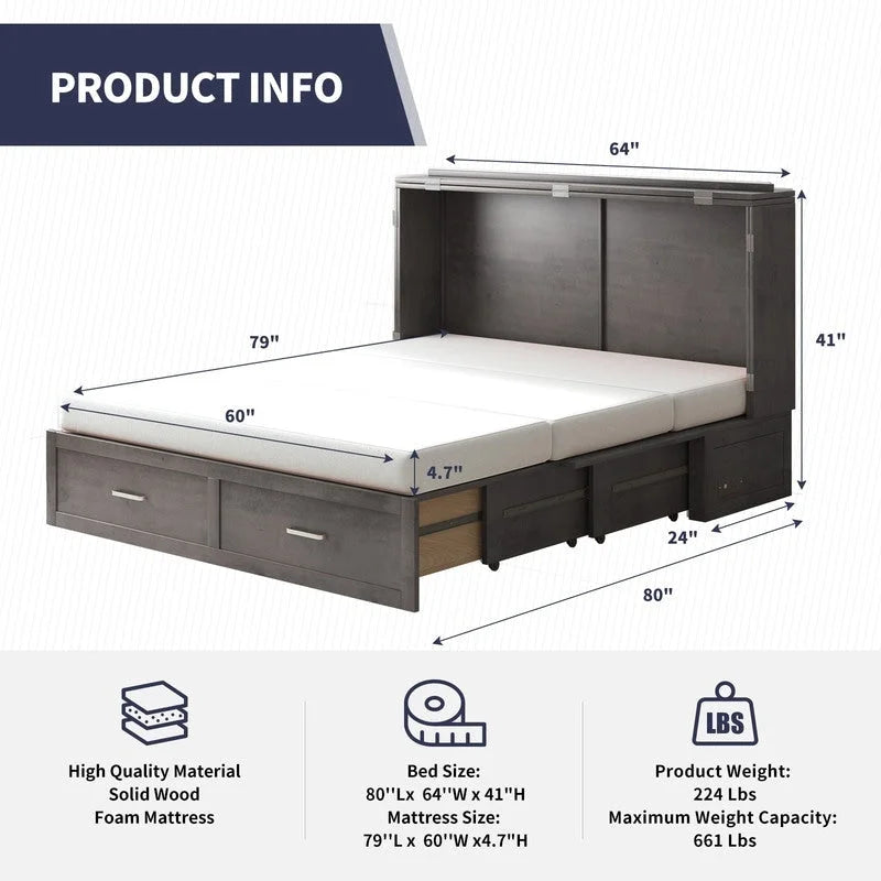 Lit escamotable moderne Mixoy avec matelas, tiroir de rangement, station de recharge