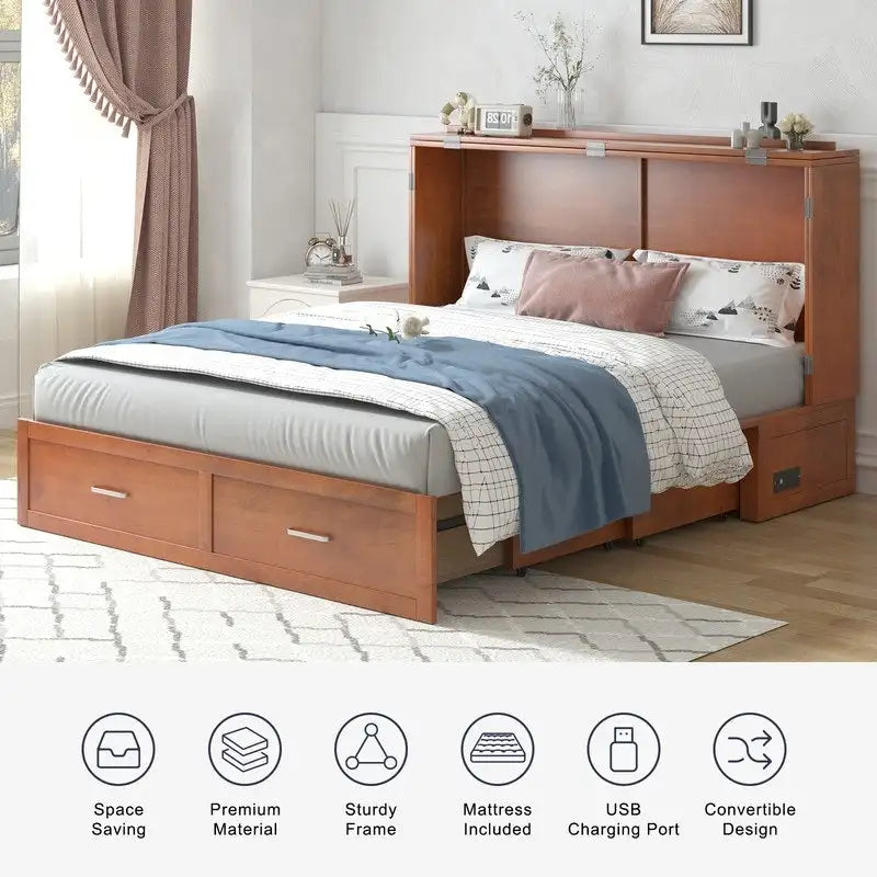 Lit escamotable moderne Mixoy avec matelas, tiroir de rangement, station de recharge