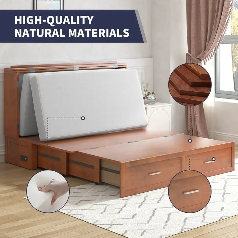 Lit escamotable moderne Mixoy avec matelas, tiroir de rangement, station de recharge