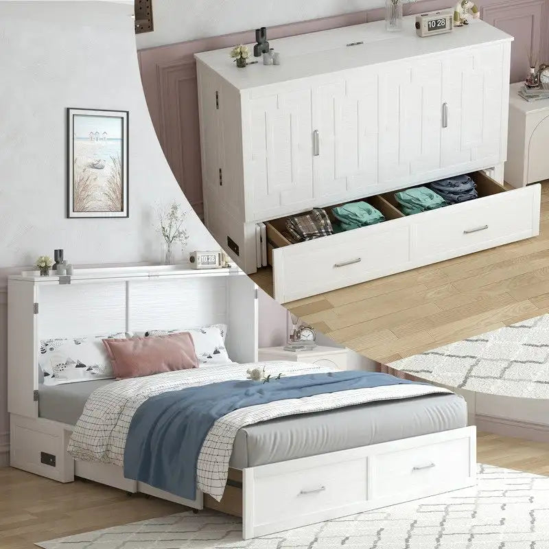 Lit escamotable moderne Mixoy avec matelas, tiroir de rangement, station de recharge