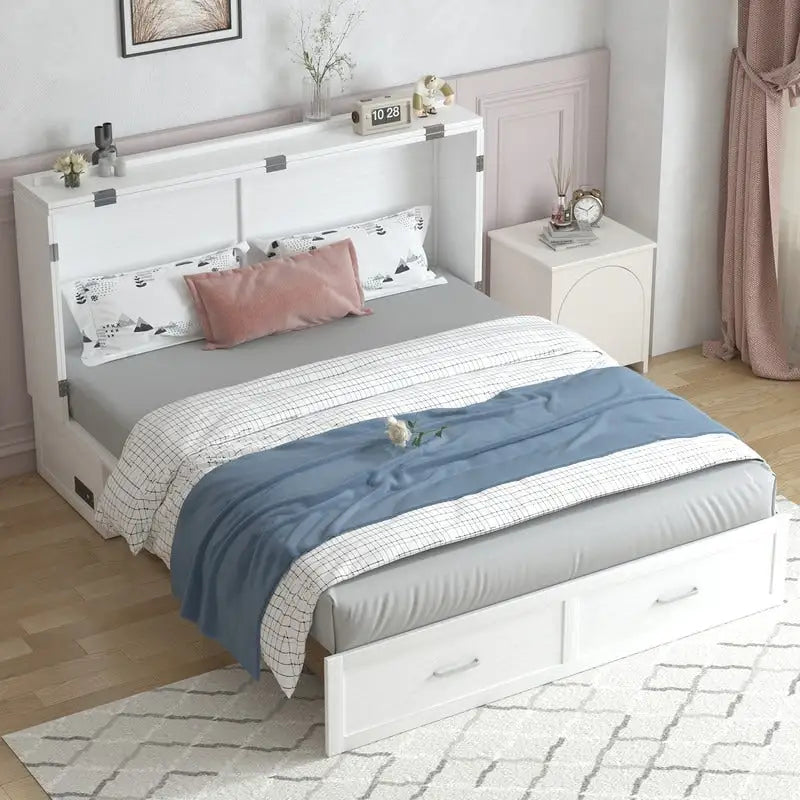 Lit escamotable moderne Mixoy avec matelas, tiroir de rangement, station de recharge