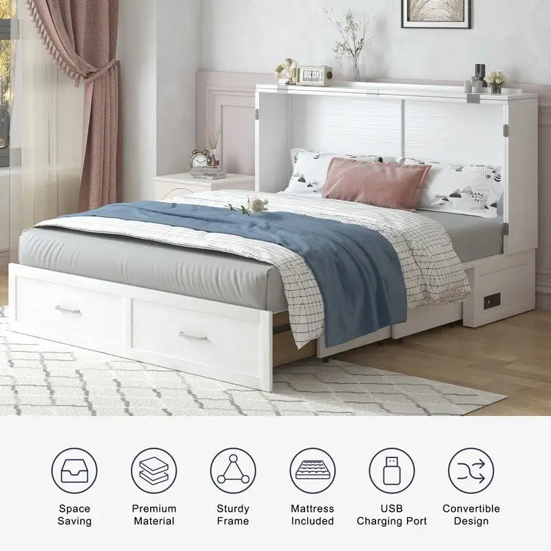 Lit escamotable moderne Mixoy avec matelas, tiroir de rangement, station de recharge
