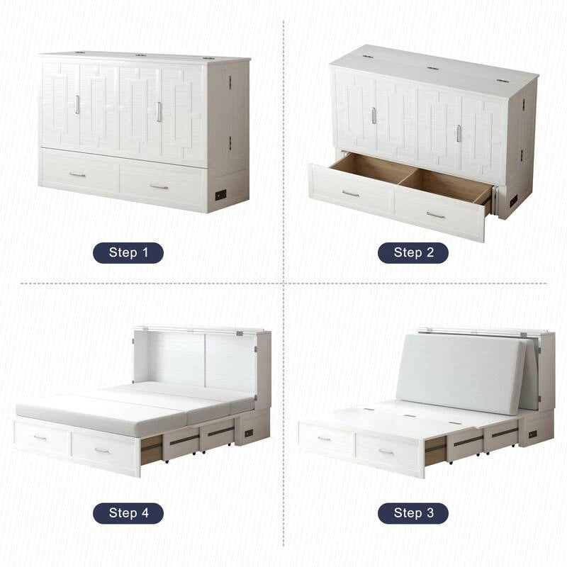 Lit escamotable moderne Mixoy avec matelas, tiroir de rangement, station de recharge