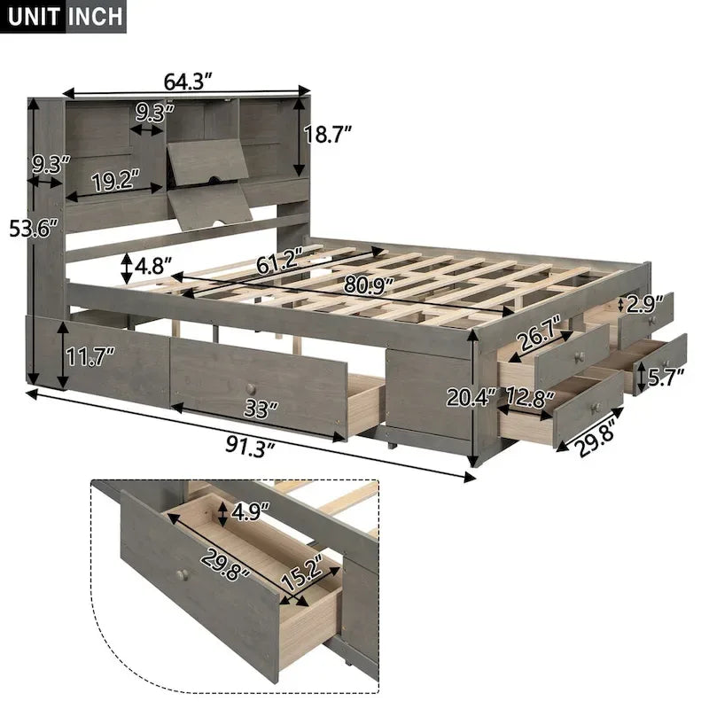 Lit plateforme queen avec tête de lit de rangement