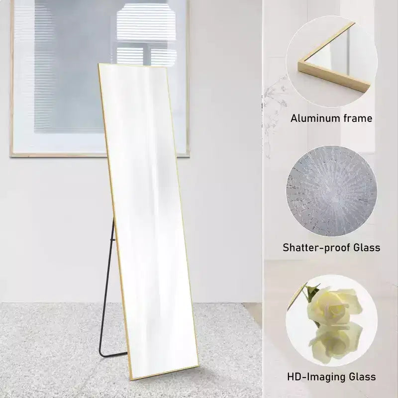 JIONJOY Miroir pleine longueur 16x59, verre HD incassable, cadre en métal, mural/sur pied pour chambre à coucher, placard, entrée