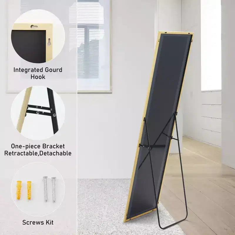 JIONJOY Miroir pleine longueur 16x59, verre HD incassable, cadre en métal, mural/sur pied pour chambre à coucher, placard, entrée