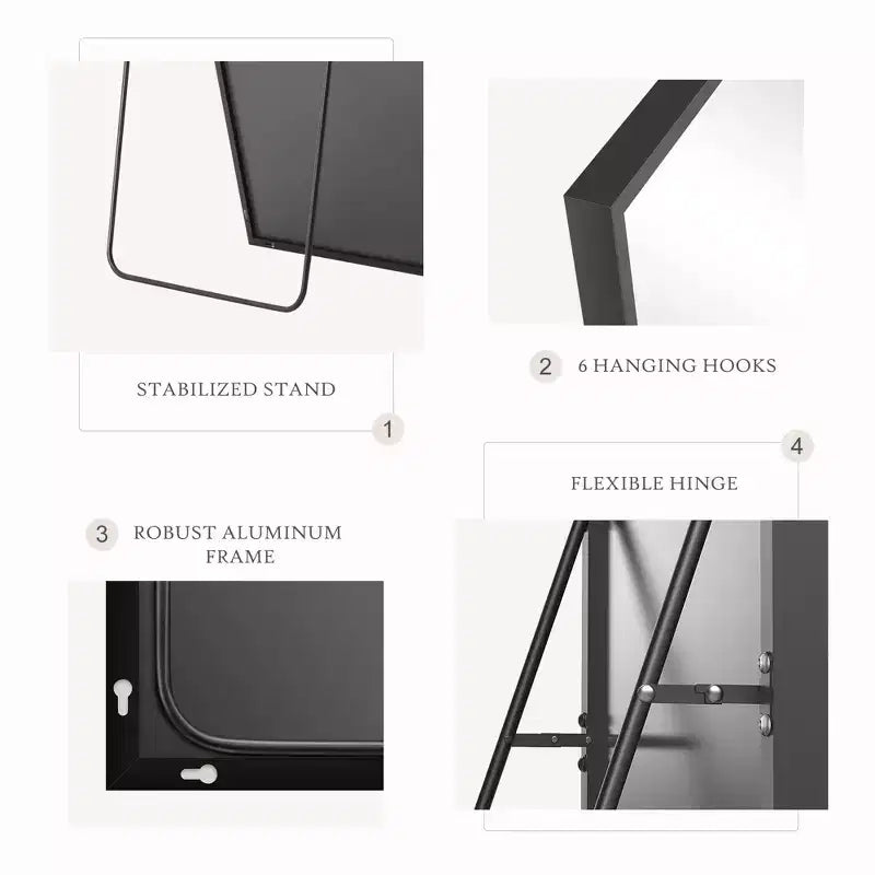 JIONJOY Miroir pleine longueur 16x59, verre HD incassable, cadre en métal, mural/sur pied pour chambre à coucher, placard, entrée