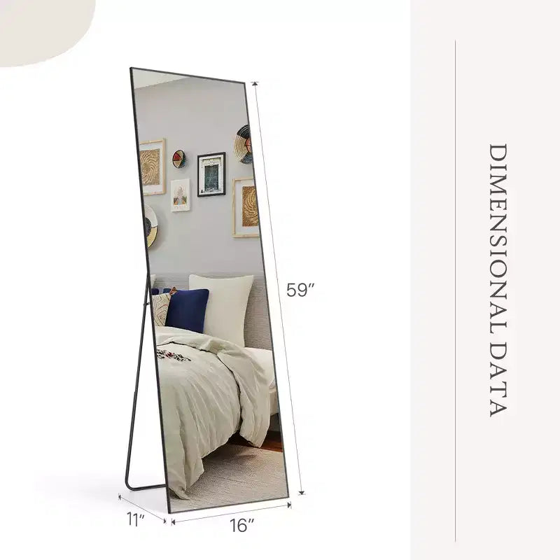 JIONJOY Miroir pleine longueur 16x59, verre HD incassable, cadre en métal, mural/sur pied pour chambre à coucher, placard, entrée
