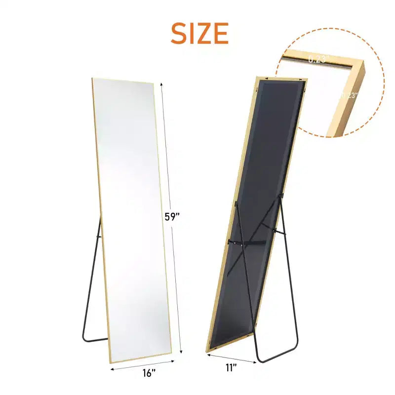 JIONJOY Miroir pleine longueur 16x59, verre HD incassable, cadre en métal, mural/sur pied pour chambre à coucher, placard, entrée