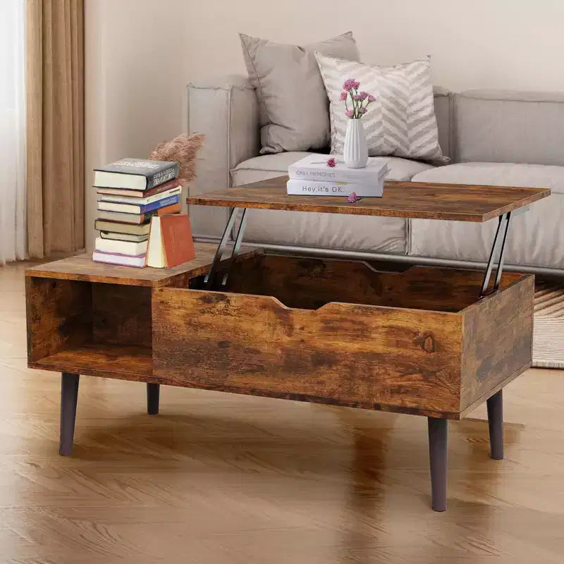Table basse relevable JIONJOY avec rangement dissimulé, pieds en bois pour salon, petits espaces - Nettoyage facile