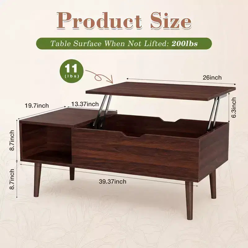 Table basse relevable JIONJOY avec rangement dissimulé, pieds en bois pour salon, petits espaces - Nettoyage facile