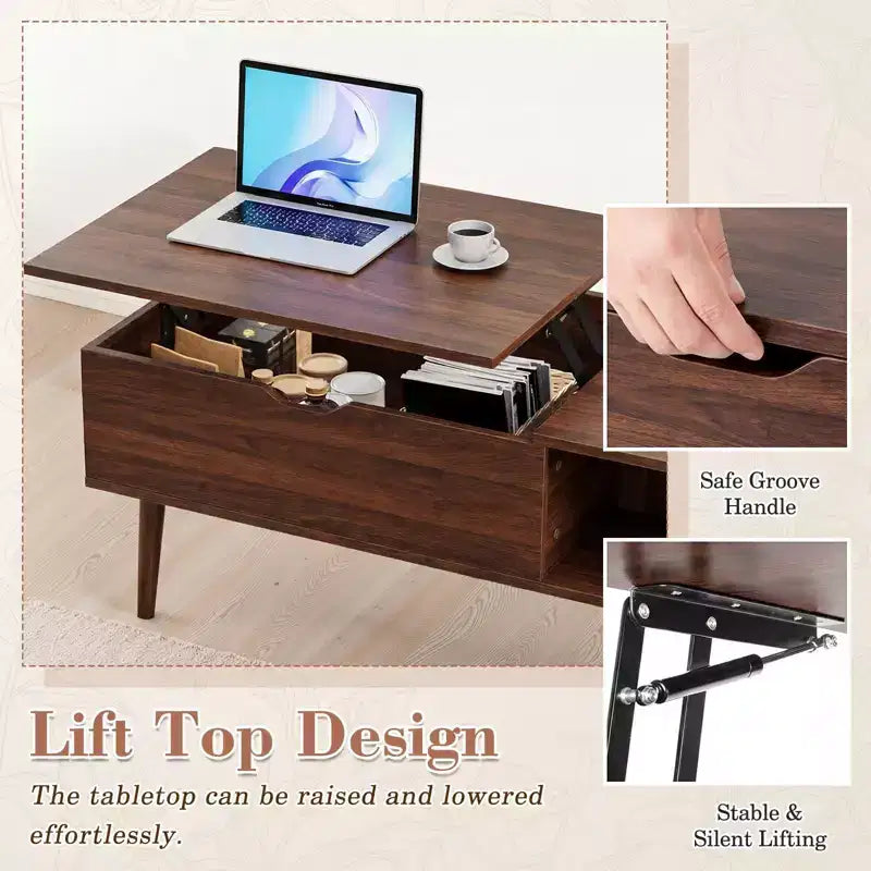 Table basse relevable JIONJOY avec rangement dissimulé, pieds en bois pour salon, petits espaces - Nettoyage facile