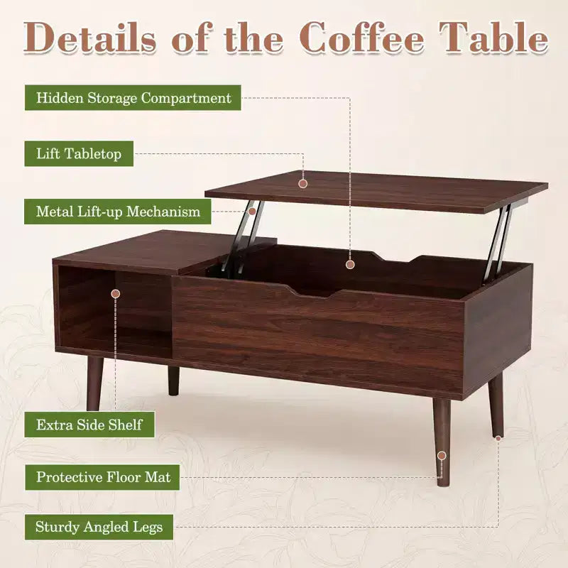 Table basse relevable JIONJOY avec rangement dissimulé, pieds en bois pour salon, petits espaces - Nettoyage facile