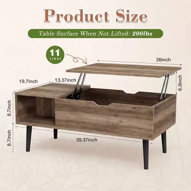 Table basse relevable JIONJOY avec rangement dissimulé, pieds en bois pour salon, petits espaces - Nettoyage facile
