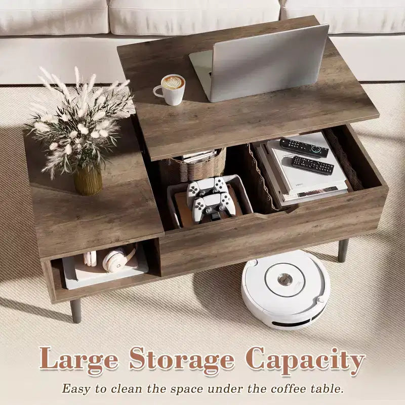 Table basse relevable JIONJOY avec rangement dissimulé, pieds en bois pour salon, petits espaces - Nettoyage facile