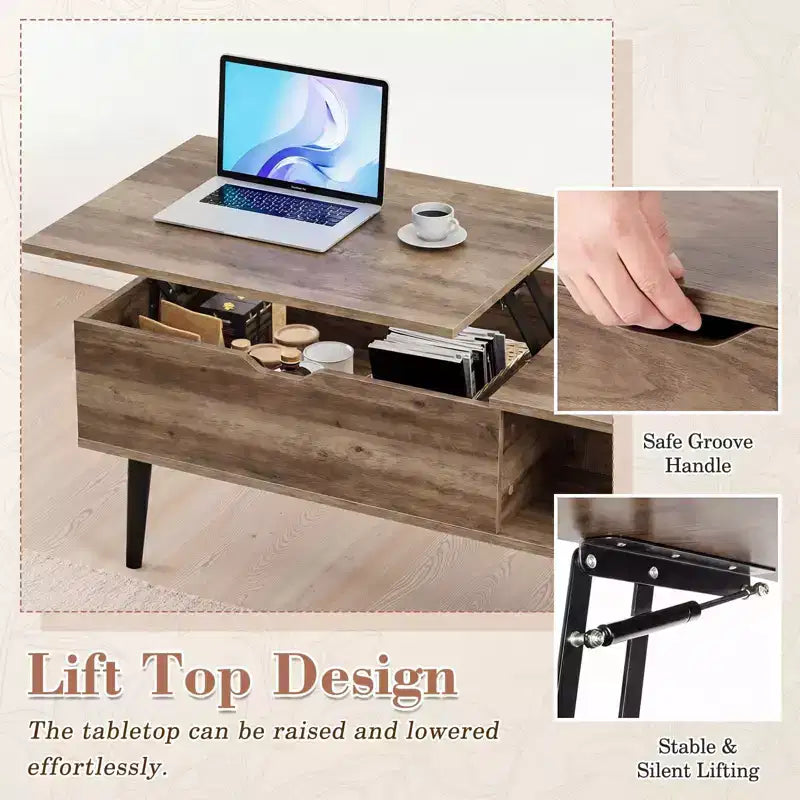 Table basse relevable JIONJOY avec rangement dissimulé, pieds en bois pour salon, petits espaces - Nettoyage facile