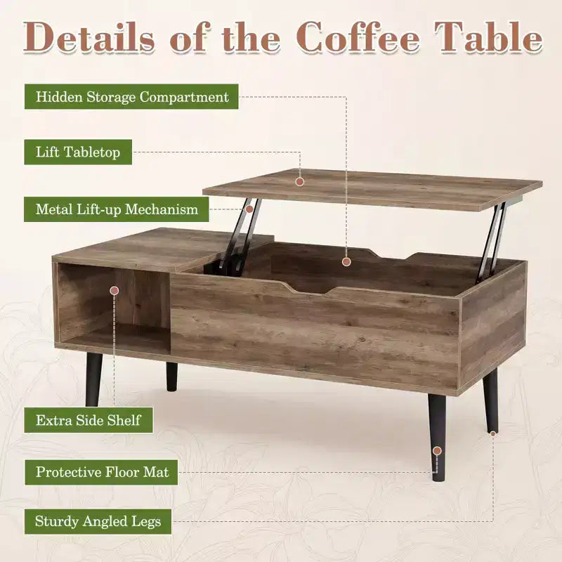 Table basse relevable JIONJOY avec rangement dissimulé, pieds en bois pour salon, petits espaces - Nettoyage facile