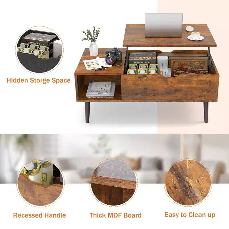 Table basse relevable JIONJOY avec rangement dissimulé, pieds en bois pour salon, petits espaces - Nettoyage facile