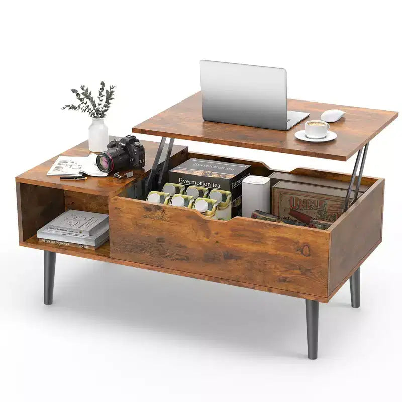 Table basse relevable JIONJOY avec rangement dissimulé, pieds en bois pour salon, petits espaces - Nettoyage facile