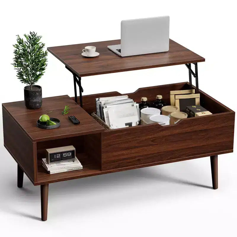Table basse relevable JIONJOY avec rangement dissimulé, pieds en bois pour salon, petits espaces - Nettoyage facile